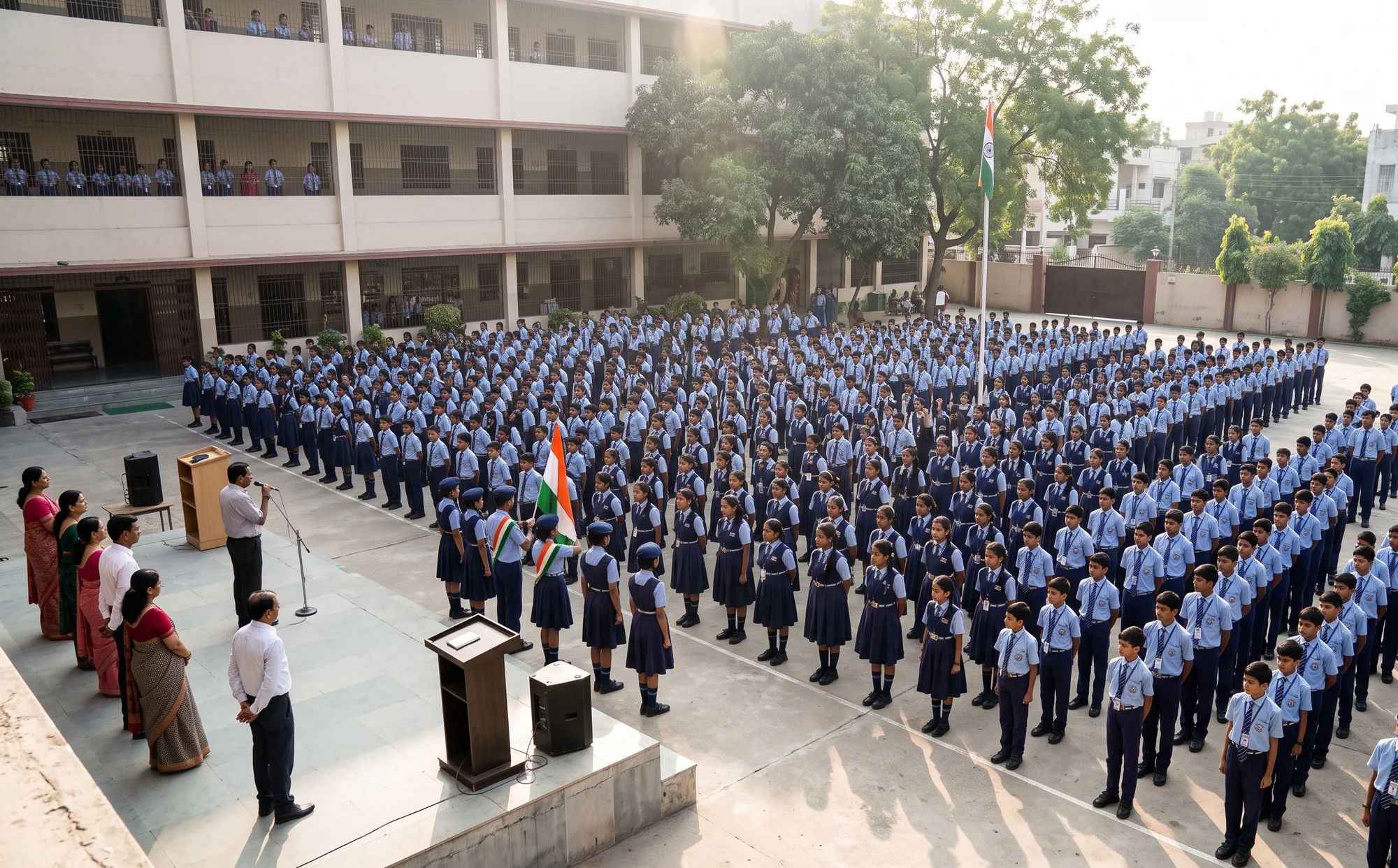 School assembly students gathered in disciplined uniforms